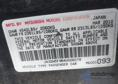 2010 Mitsubishi Lancer Evolution Mr/Mr Touring from USA, damaged, VIN JA32W5FV0AU026078